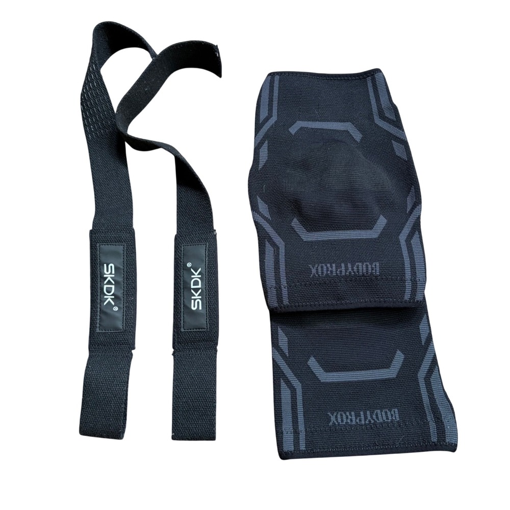 Bodyprox Knee Compression Sleeves Small and SKDK Lifting Straps Bundle Black